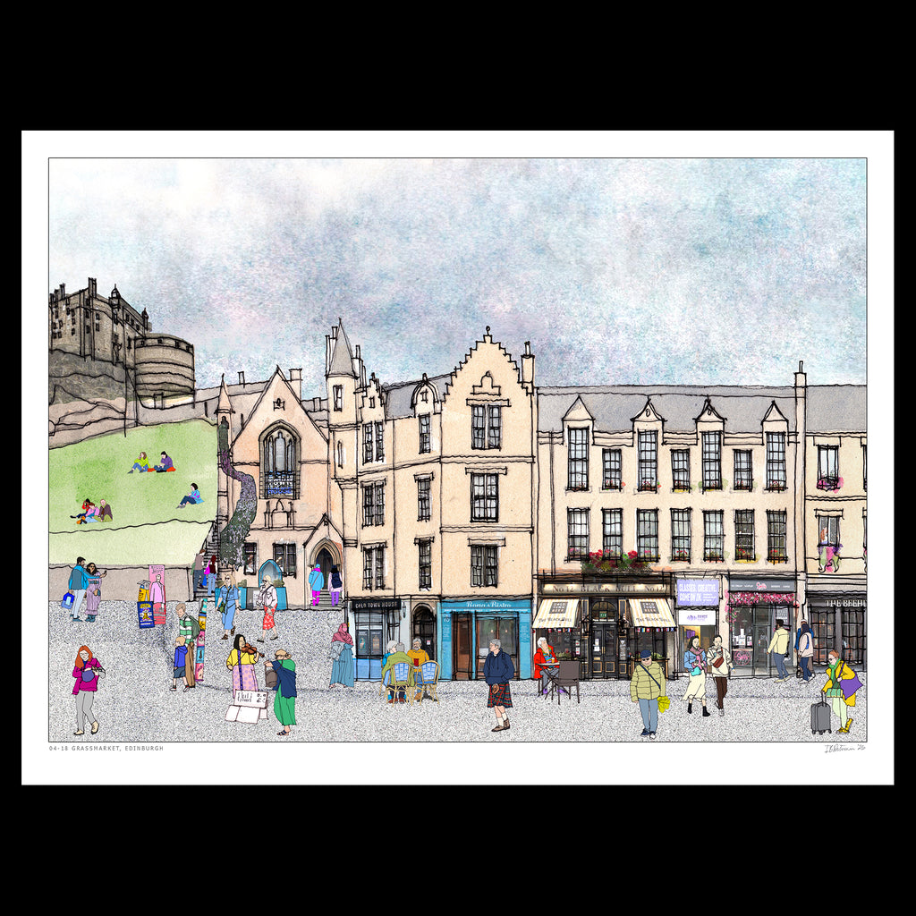 An  unframed art print depicting a colourful watercolour-style illustration of the Grassmarket in Edinburgh with historic buildings, a castle on a hill, and small figures of people walking and sitting. The print is presented with a white border.