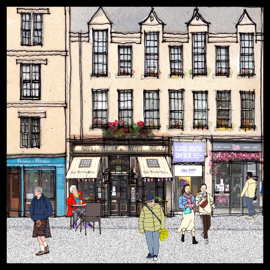 A stylised illustrated street scene of the historic Grassmarket Square in Edinburgh with Scottish tenement buildings, storefronts, pedestrians, and small outdoor seating. The artwork uses a sketch-like linework style with beige, gray, black, blue, red, and yellow accents.