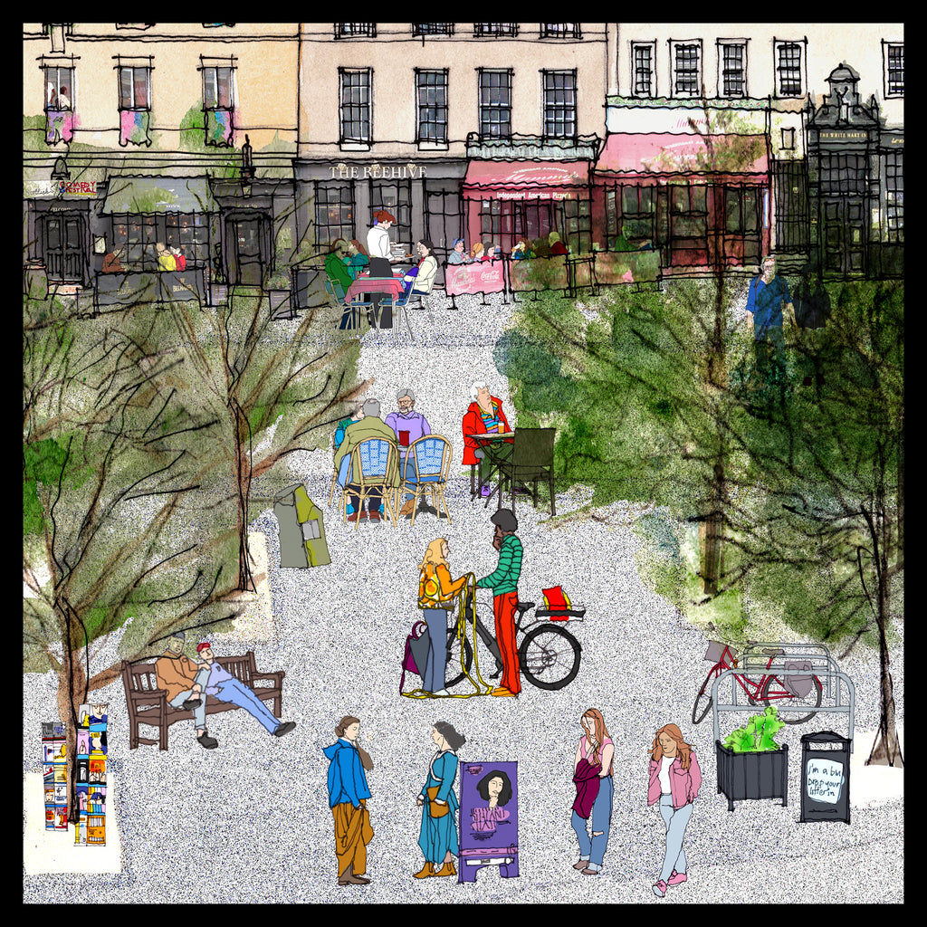 A stylized urban plaza illustration with people, trees, benches, bicycles, storefronts, and street elements rendered in a sketch-like artistic style.