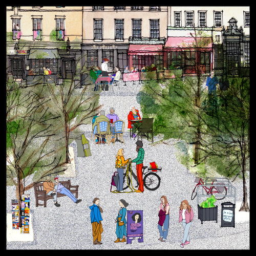 A stylized urban plaza illustration with people, trees, benches, bicycles, storefronts, and street elements rendered in a sketch-like artistic style.