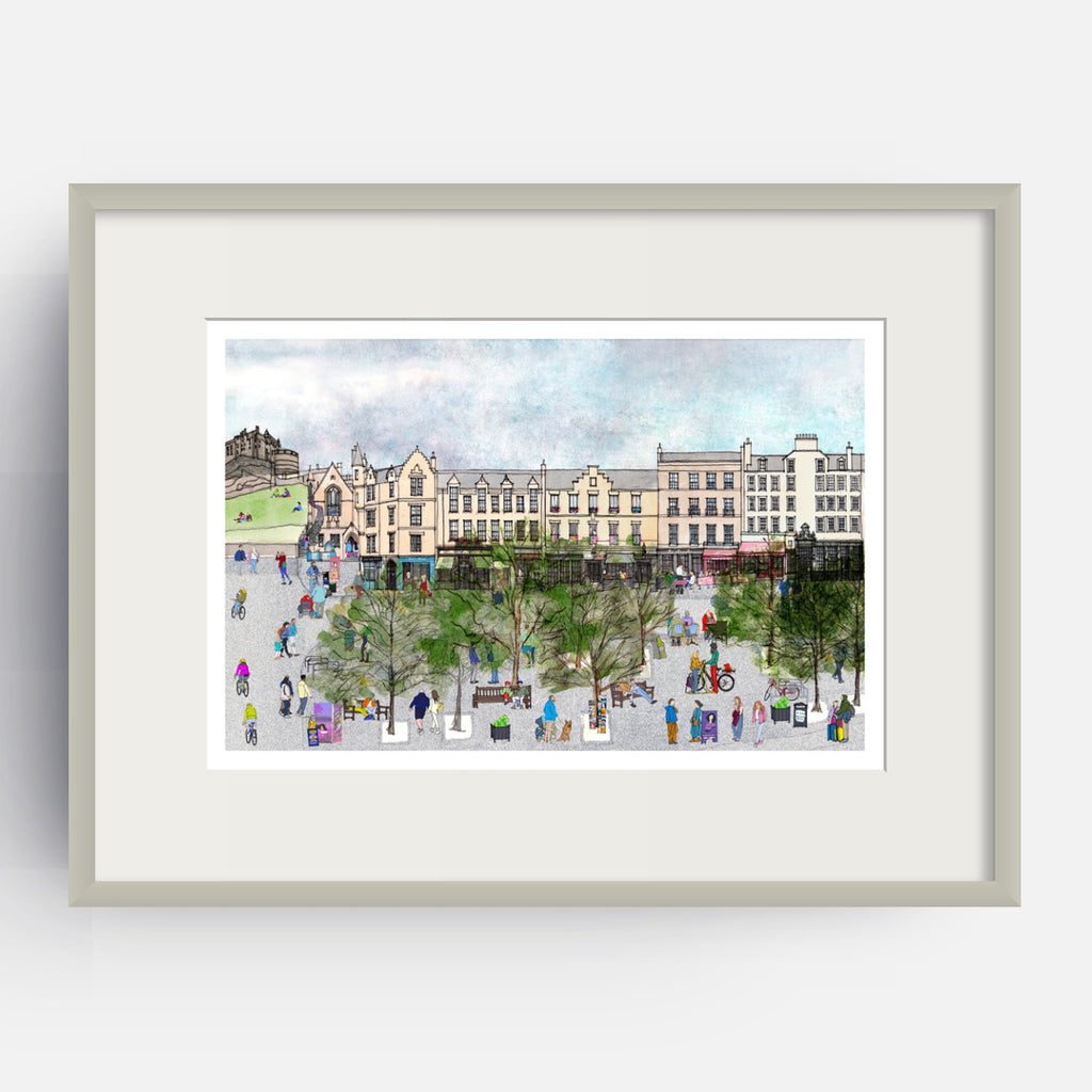 A framed watercolour art print depicting a bustling city, Edinburgh's Grassmarket, with historic buildings, trees, and small illustrated people, shown against a light grey background.