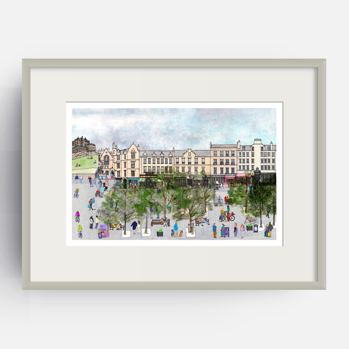 A framed watercolour art print depicting a bustling city, Edinburgh's Grassmarket, with historic buildings, trees, and small illustrated people, shown against a light grey background.