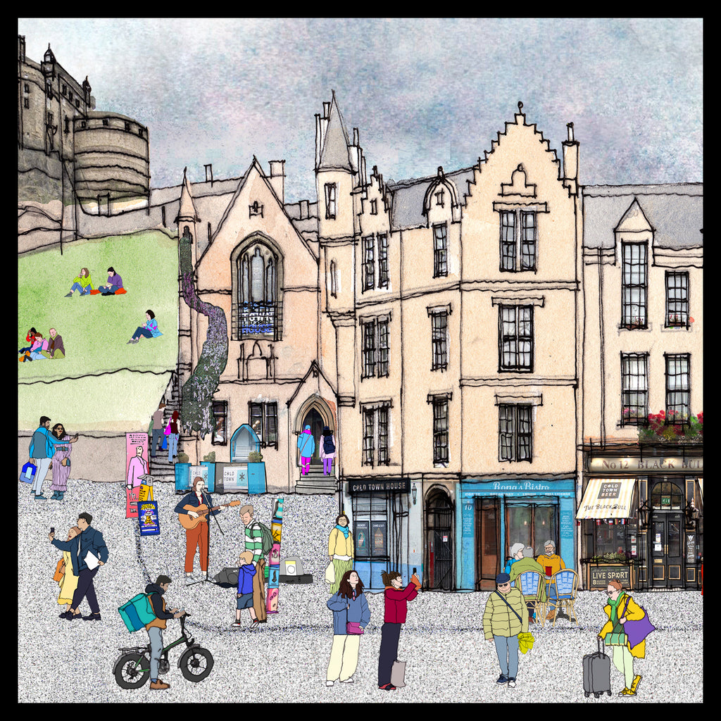 A stylized illustrated street scene showing historic buildings, pedestrians, cyclists, and small groups of people in a town square. The artwork uses a sketch-like line style with soft pastel-like washes in the sky and varied clothing colors in the figures.