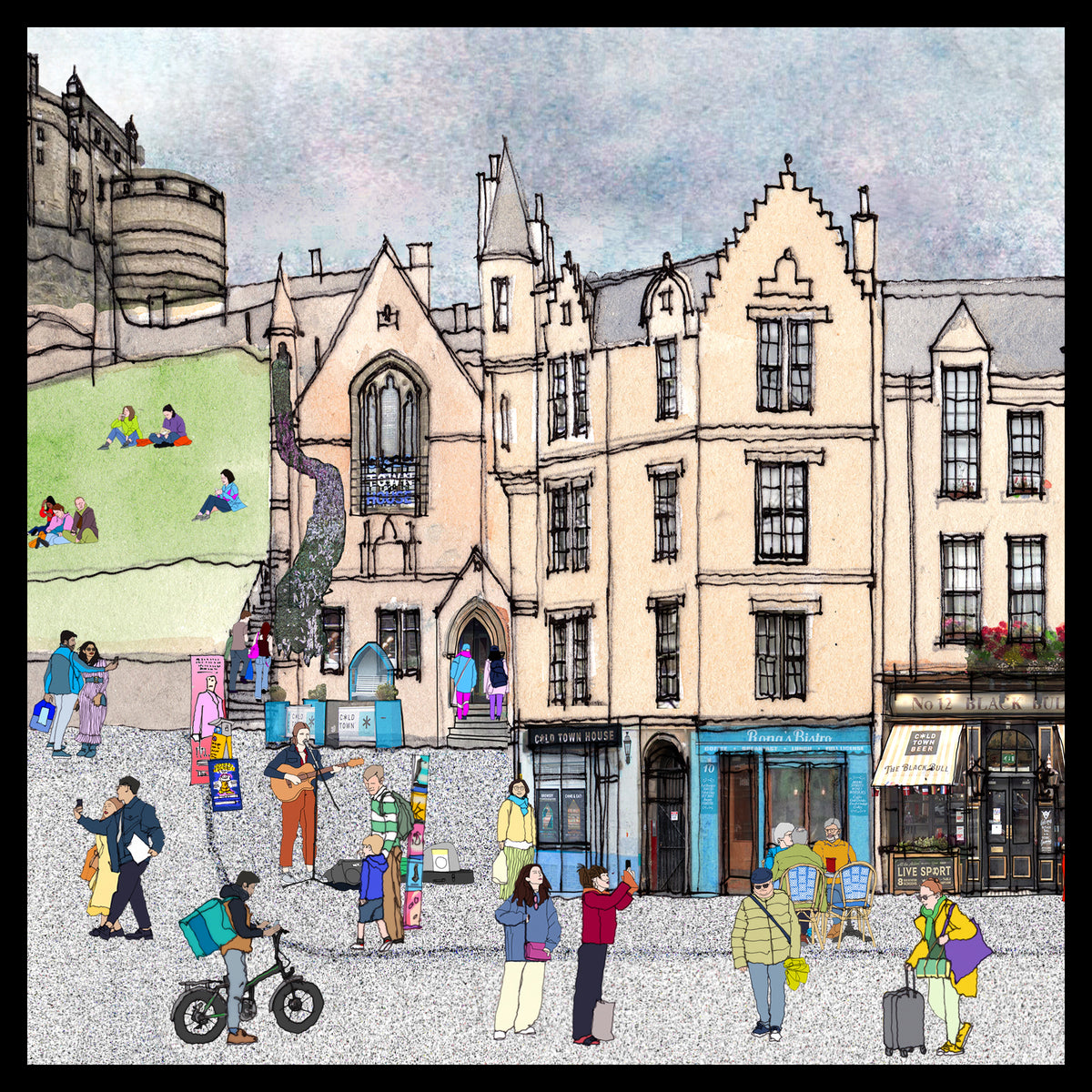 A stylized illustrated street scene showing historic buildings, pedestrians, cyclists, and small groups of people in a town square. The artwork uses a sketch-like line style with soft pastel-like washes in the sky and varied clothing colors in the figures.