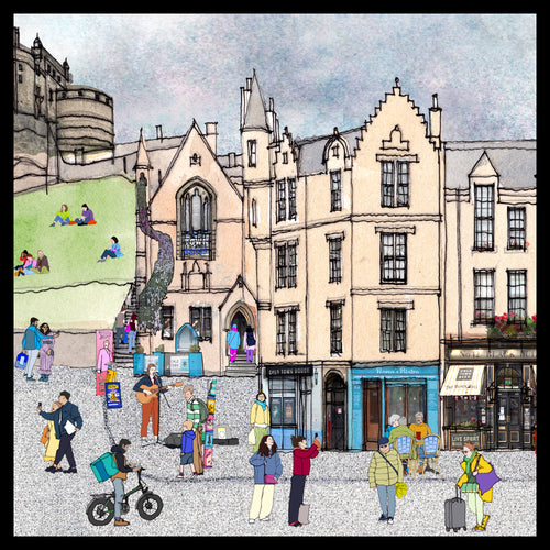 A stylized illustrated street scene showing historic buildings, pedestrians, cyclists, and small groups of people in a town square. The artwork uses a sketch-like line style with soft pastel-like washes in the sky and varied clothing colors in the figures.