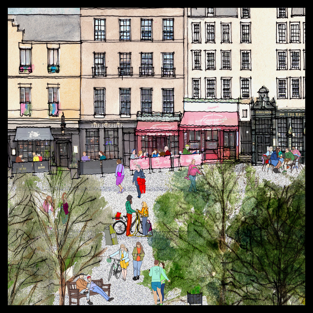 A stylized city street and park scene illustration with multi-story buildings, storefronts, pedestrians, cyclists, benches, and trees. The artwork uses a loose, sketch-like rendering with many small colored figures and mixed greens, pinks, grays, and beige tones.