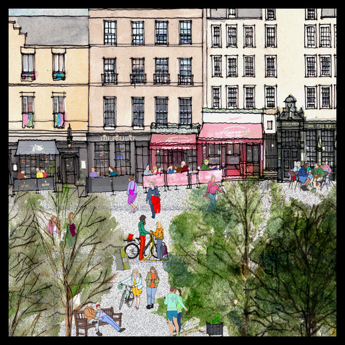 A stylized city street and park scene illustration with multi-story buildings, storefronts, pedestrians, cyclists, benches, and trees. The artwork uses a loose, sketch-like rendering with many small colored figures and mixed greens, pinks, grays, and beige tones.