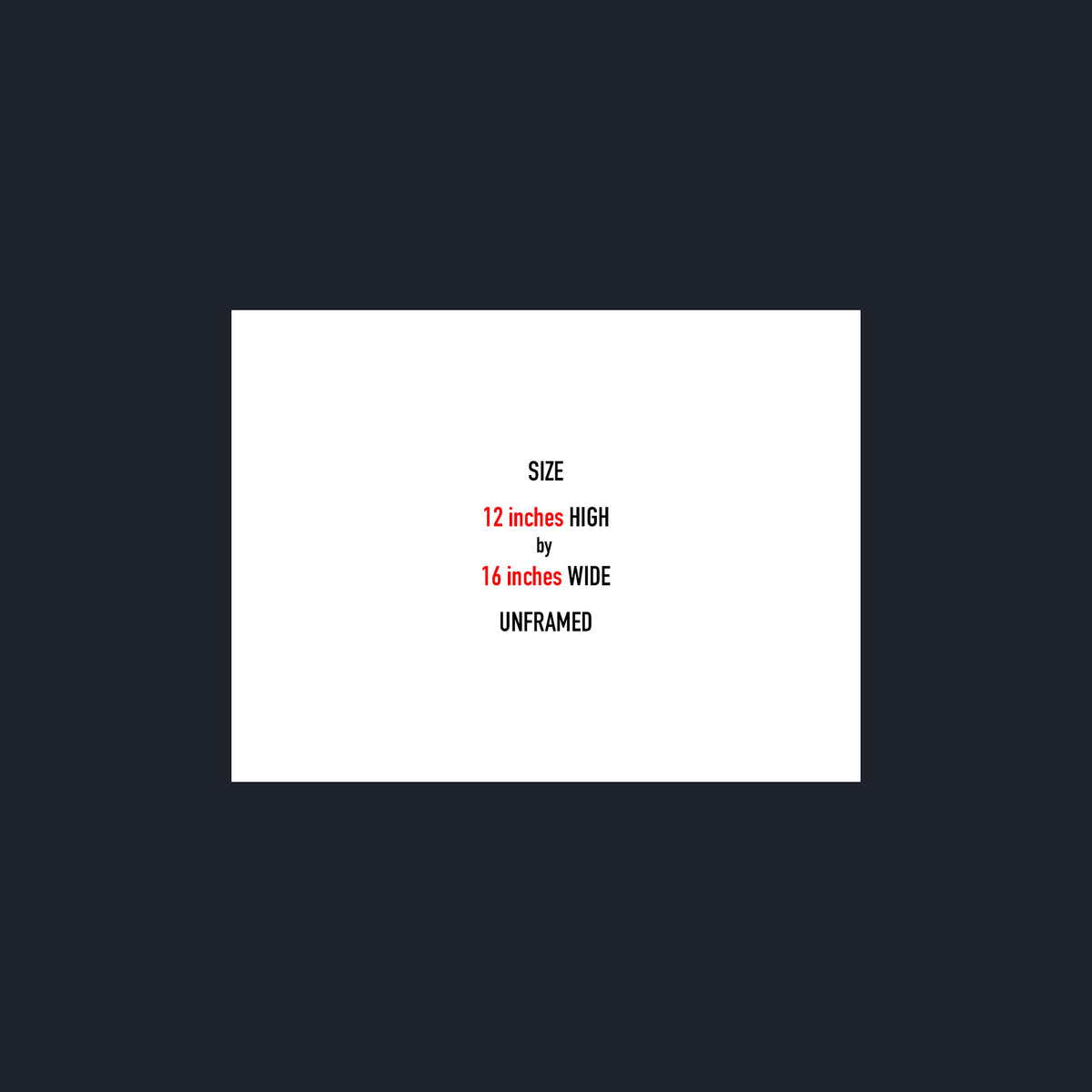 A white rectangular size card centered on a dark charcoal background, with text reading 'SIZE 12 inches HIGH by 16 inches WIDE UNFRAMED' in black and red lettering.