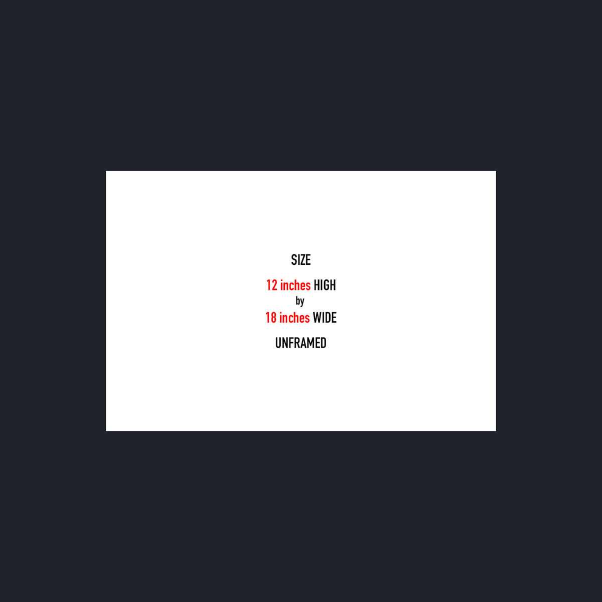 A white rectangular print or poster centered on a dark charcoal background, with centered text reading 'SIZE 12 inches HIGH by 18 inches WIDE UNFRAMED' in black and red.