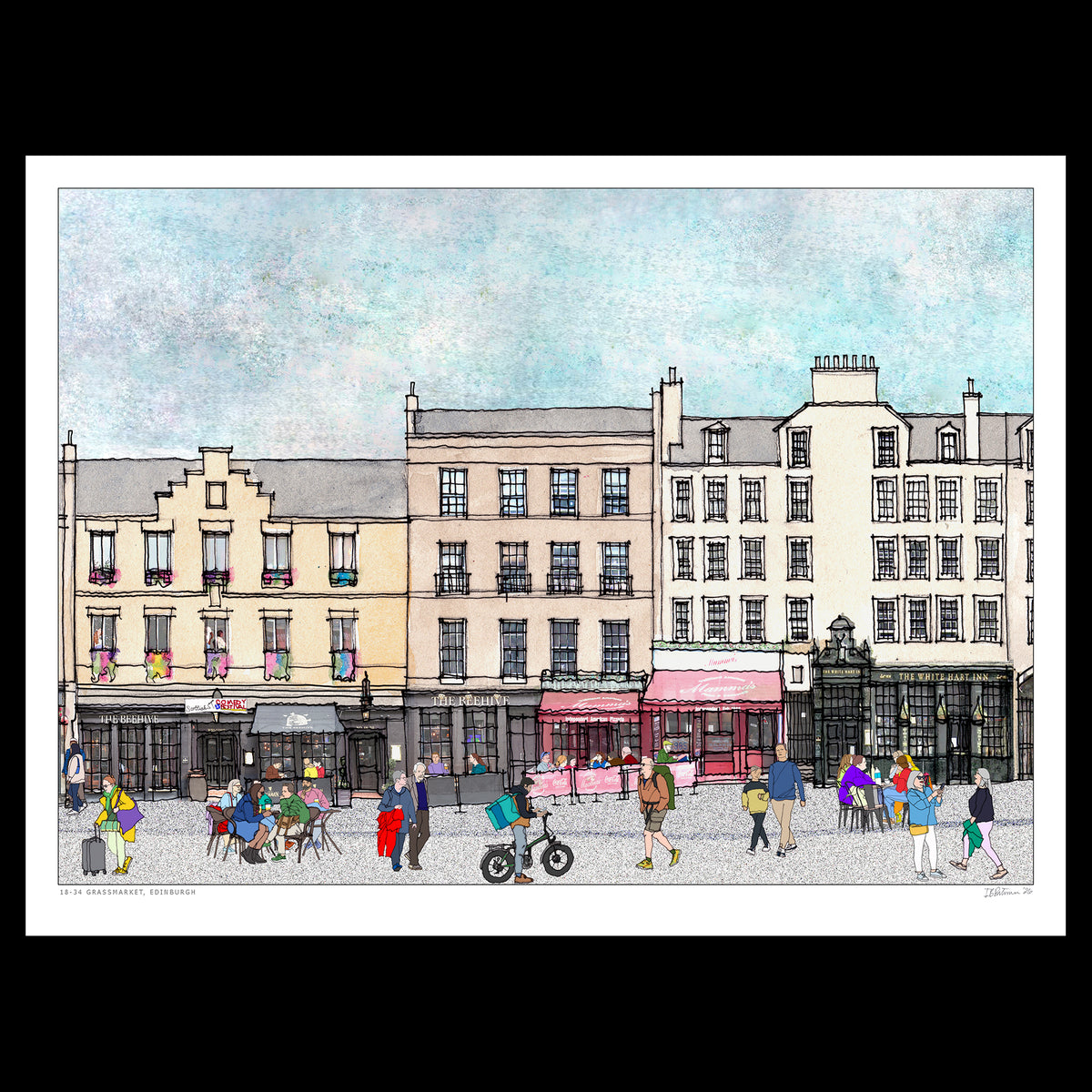 A watercolour-style art print depicting a street scene in Edinburgh, featuring tenement buildings, pedestrians, cyclists, and outdoor cafe seating along the Grassmarket. The print is presented with a white border on a black background.