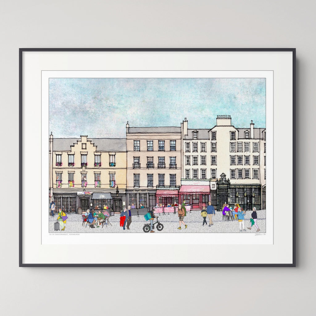 A framed art print depicting Edinburgh Grassmarket with classic buildings, pedestrians, and cyclists, presented in a white mat and a thin black frame against a light grey background.