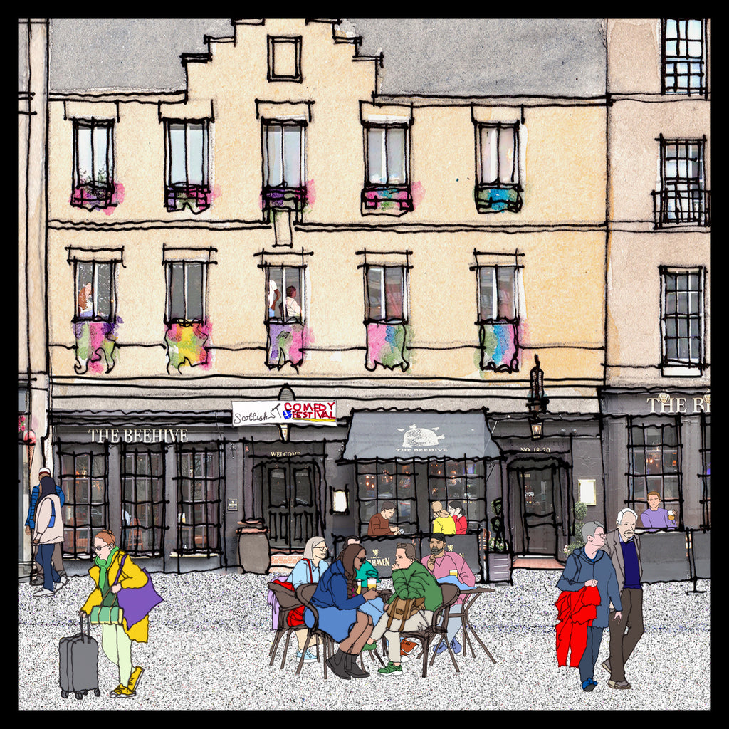 A watercolour-style illustration of a Scottish street scene in Edinburgh's Grassmarket with a tenement building, outdoor cafe seating, pedestrians, and storefronts. The artwork uses black linework with soft beige, grey, pink, blue, green, and yellow watercolour washes.