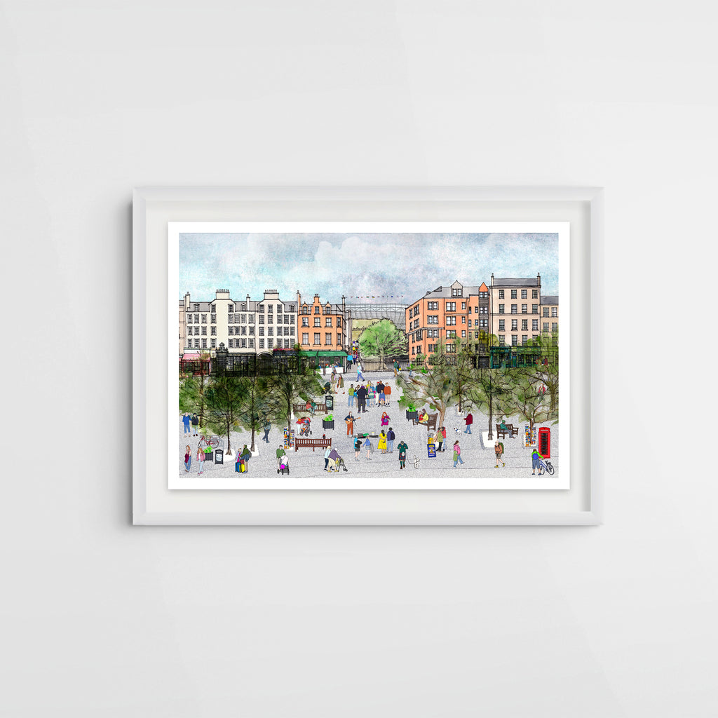 A framed watercolour art print depicting a bustling city square of  Edinburgh's Grassmarket with historic buildings, trees, and small figures of people, displayed on a light grey wall.