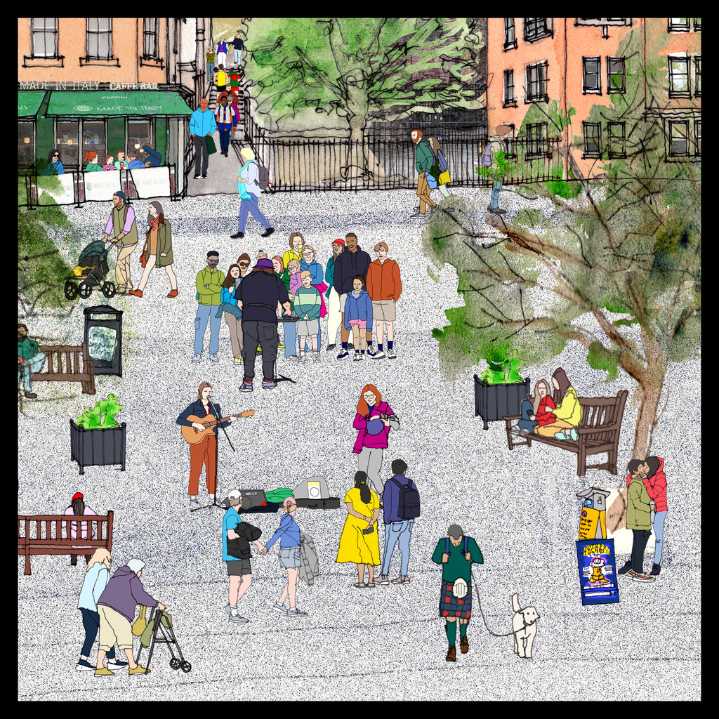 A stylized illustrated scene of a busy urban plaza or park with many people, benches, trees, trash cans, and buildings in the background. The artwork uses loose sketch-like linework and multiple colors, and no single retail product is isolated.