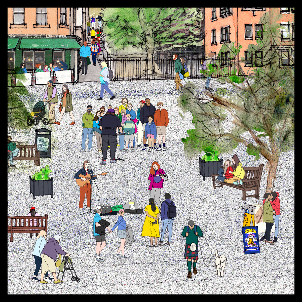 A stylized illustrated scene of a busy urban plaza or park with many people, benches, trees, trash cans, and buildings in the background. The artwork uses loose sketch-like linework and multiple colors, and no single retail product is isolated.