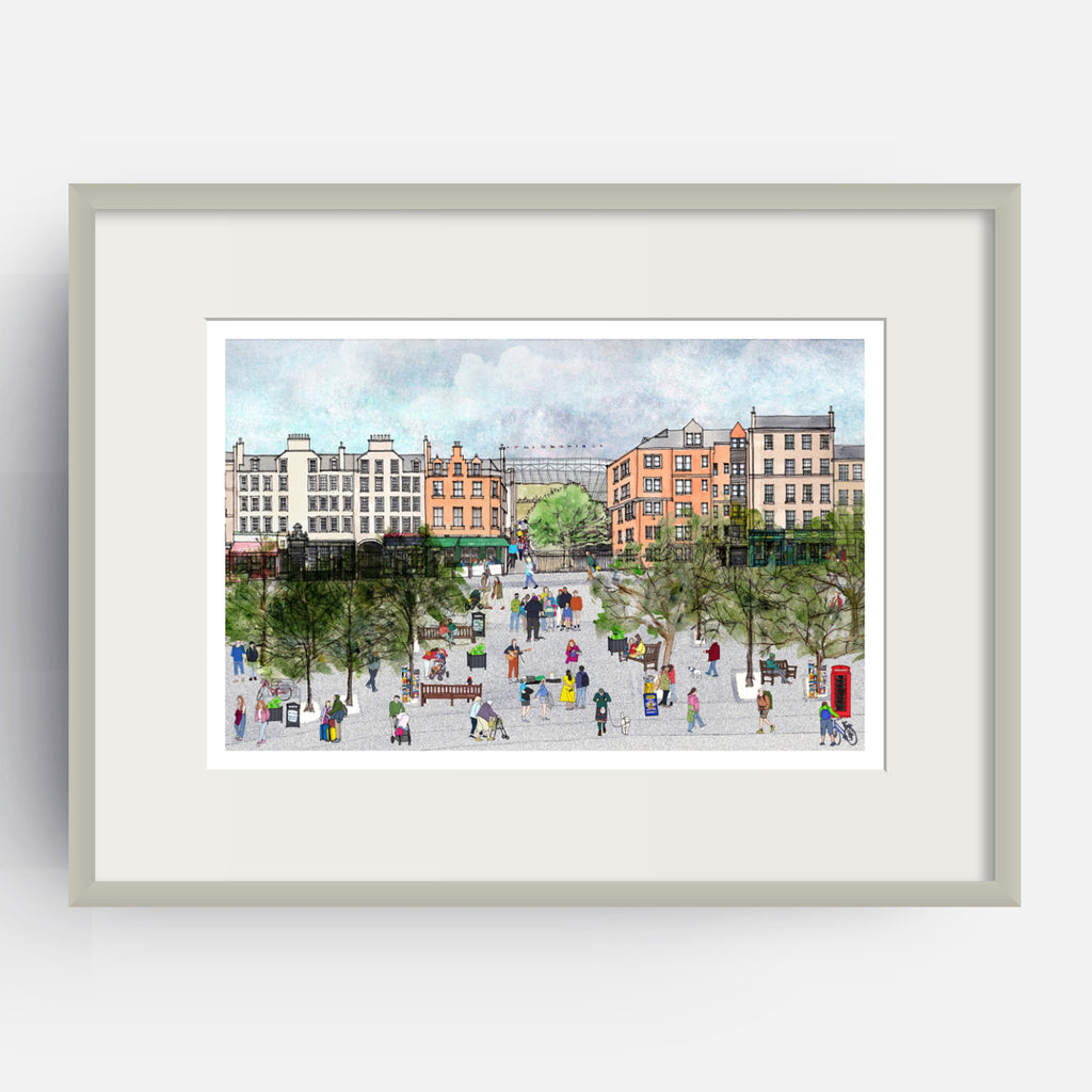 A framed watercolour art print depicting a bustling city square in Edinburgh's Grassmarket with historic buildings, trees, and small illustrated people, shown against a clean white background.