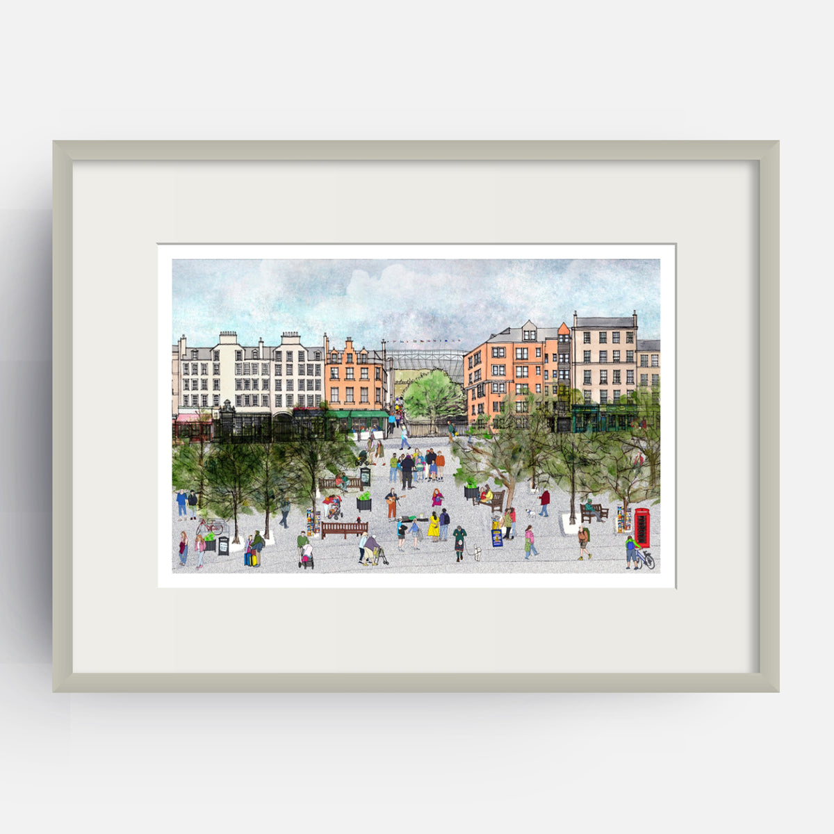 A framed watercolour art print depicting a bustling city square in Edinburgh's Grassmarket with historic buildings, trees, and small illustrated people, shown against a clean white background.
