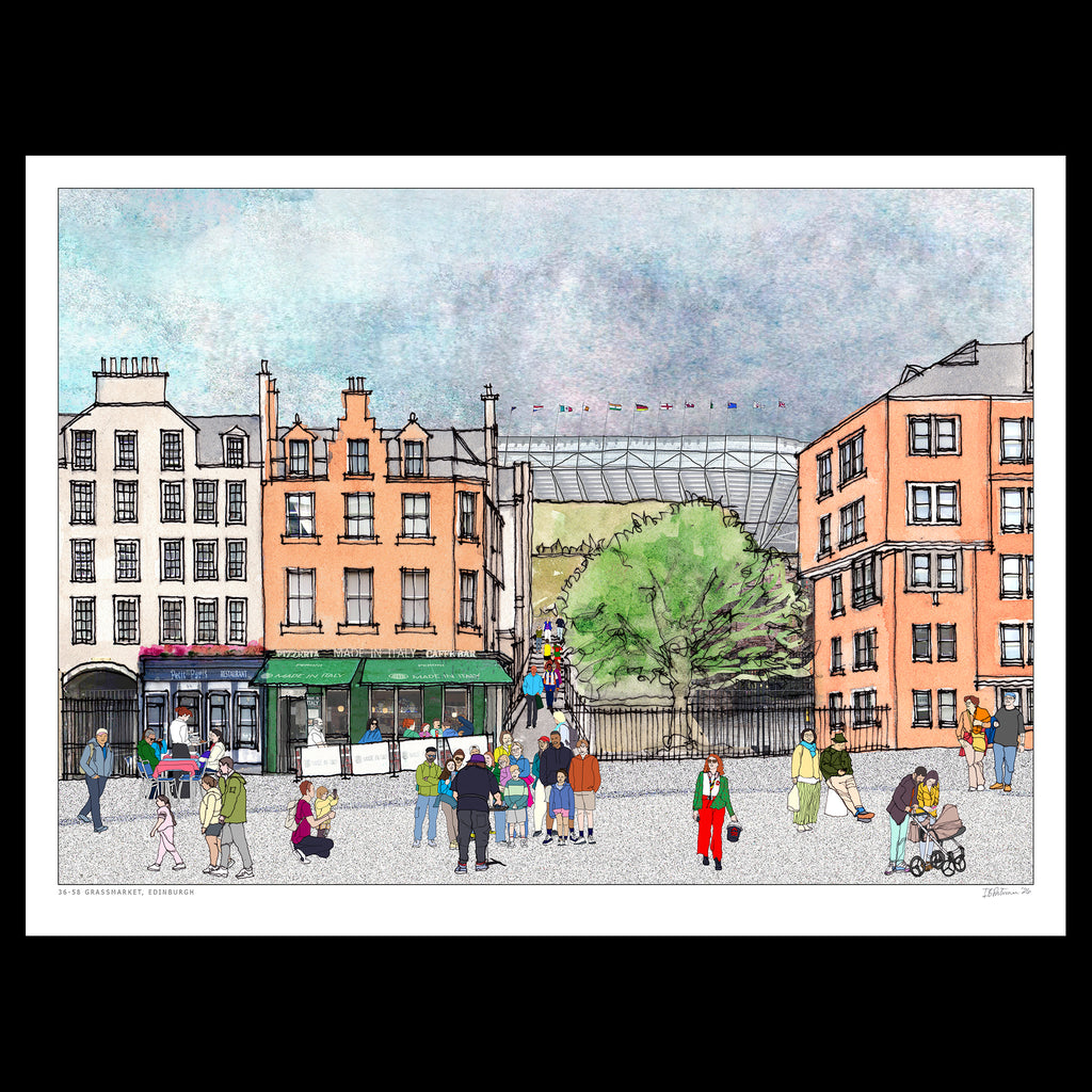 An unframed art print depicting Edinburgh Grassmarket with classic buildings, shops, and people.