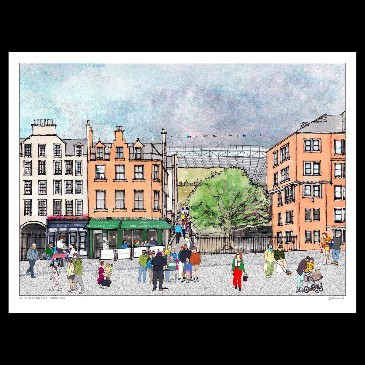 An unframed art print depicting Edinburgh Grassmarket with classic buildings, shops, and people.