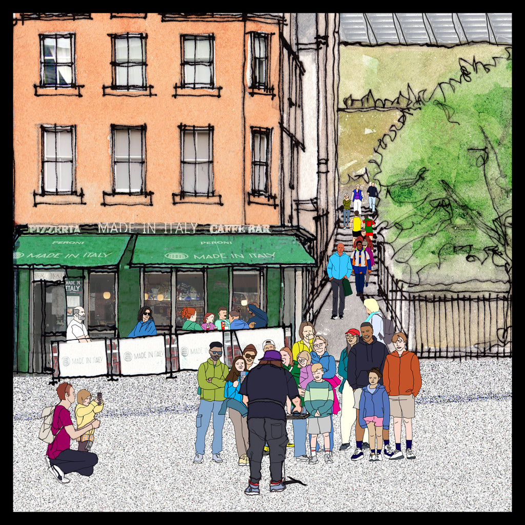 A hand-drawn street scene illustration featuring a storefront with green awnings and the words 'PIZZERIA - MADE IN ITALY - CAFFERARI' in Edinburgh's Grassmarket, with several illustrated people gathered in front and along a sidewalk beside a tree.