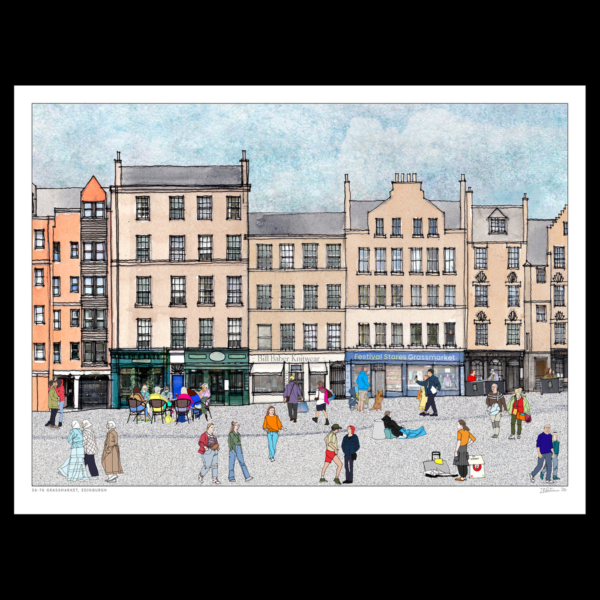 An unframed art print depicting Edinburgh Grassmarket with classic buildings, shops, and people.