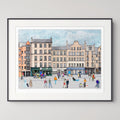 A framed art print depicting Edinburgh Grassmarket with classic buildings, shops, and people, presented in a white mat and a thin black frame against a light grey wall.