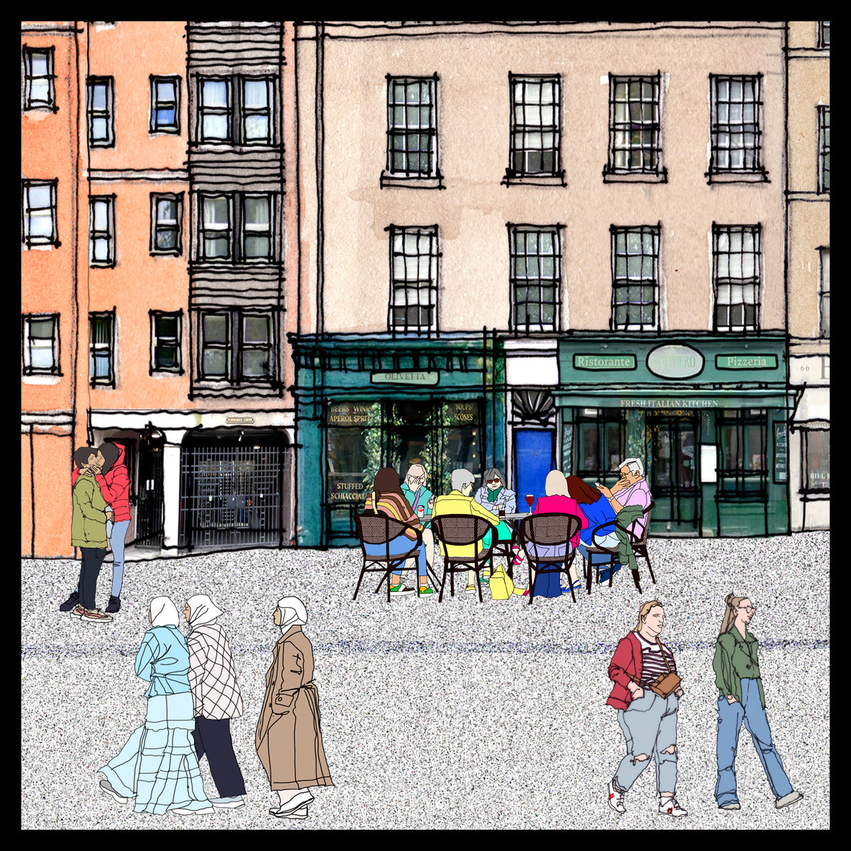 A stylized illustrated street scene showing pedestrians walking in front of multi-story buildings with storefronts. Several people are seated at outdoor cafe tables on the sidewalk.