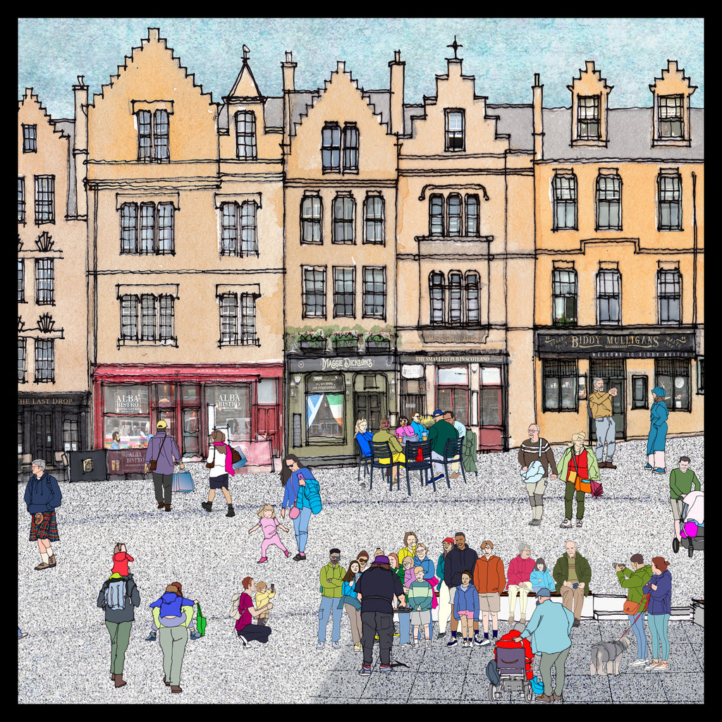 A stylised illustration of a Scottish city square with tall beige buildings, storefronts, and many people walking and gathering in the foreground.