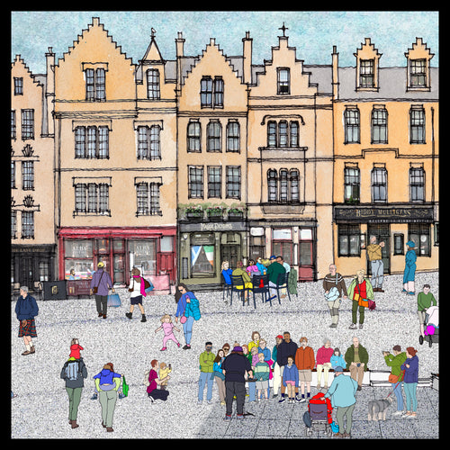 A stylised illustration of a Scottish city square with tall beige buildings, storefronts, and many people walking and gathering in the foreground.