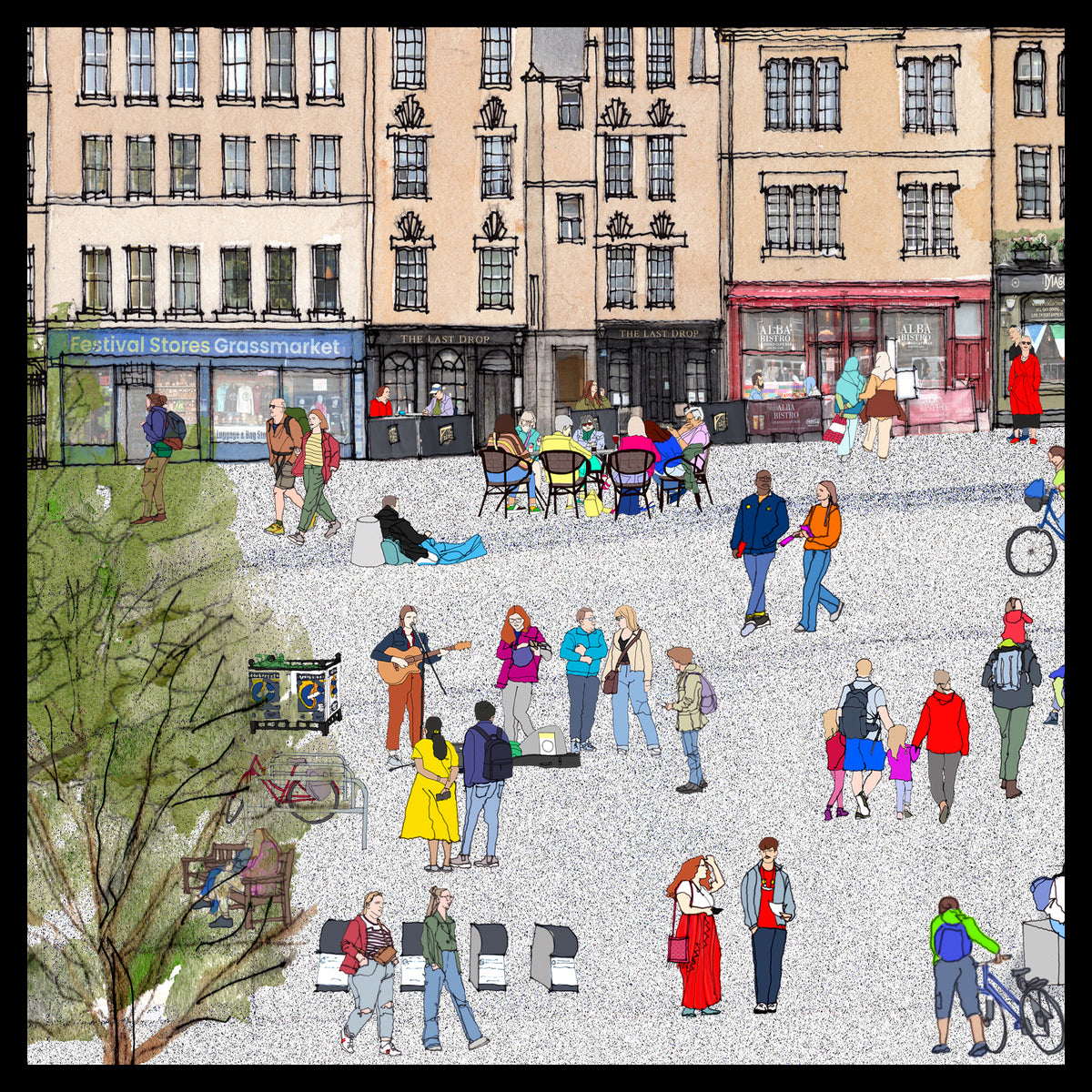 A stylized illustrated urban square scene with buildings, storefronts, pedestrians, cyclists, trees, and outdoor seating. The artwork shows many people in different poses, with no single retail product isolated as the subject.