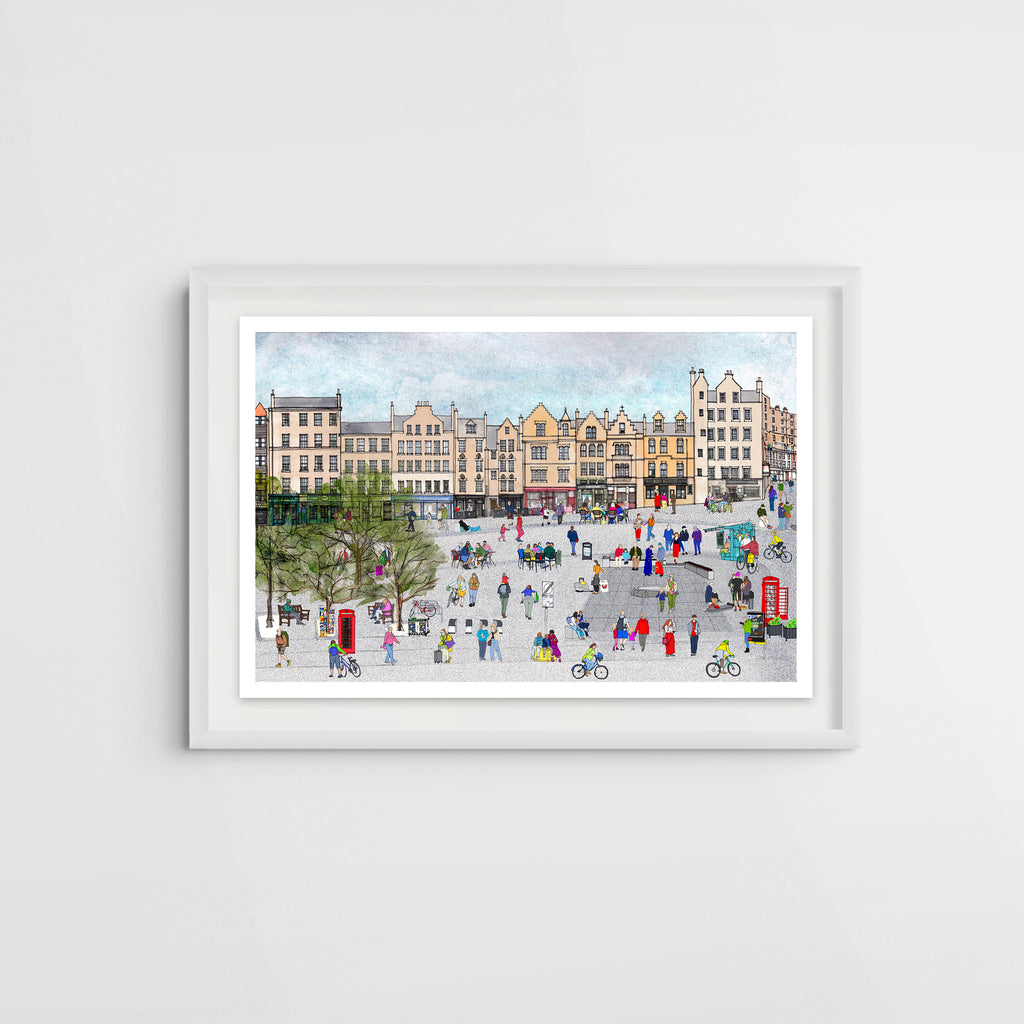 A framed watercolour art print depicting the bustling city square of Edinburgh's Grassmarket with historic buildings, people, and bicycles, displayed on a clean white wall.