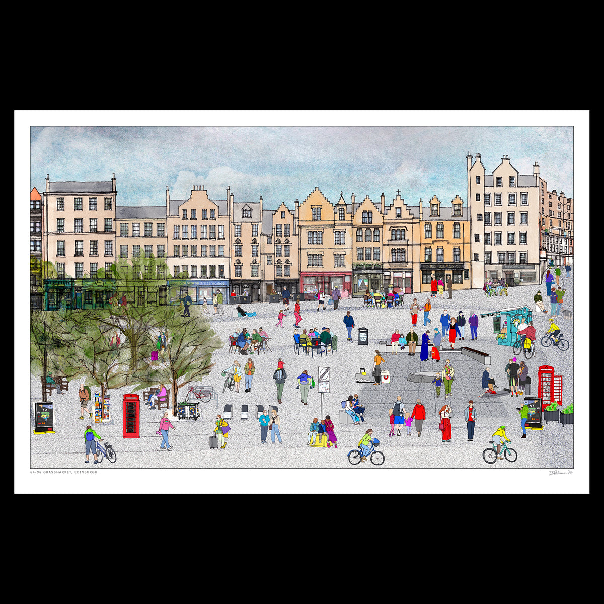 An  unframed art print depicting a colourful, whimsical scene set during the Edinburgh Festival with people, bicycles, and historic buildings, presented in a white border with the title and artist's signature.