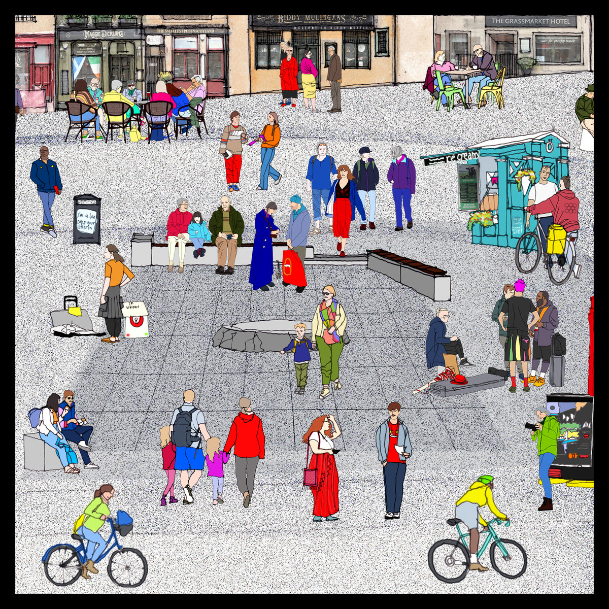 A stylized illustrated urban plaza scene with many people walking, sitting, cycling, and interacting in a detailed city square. The artwork shows pedestrians, storefronts, benches, trash bins, and a small kiosk or food stall on a light gray paved ground.