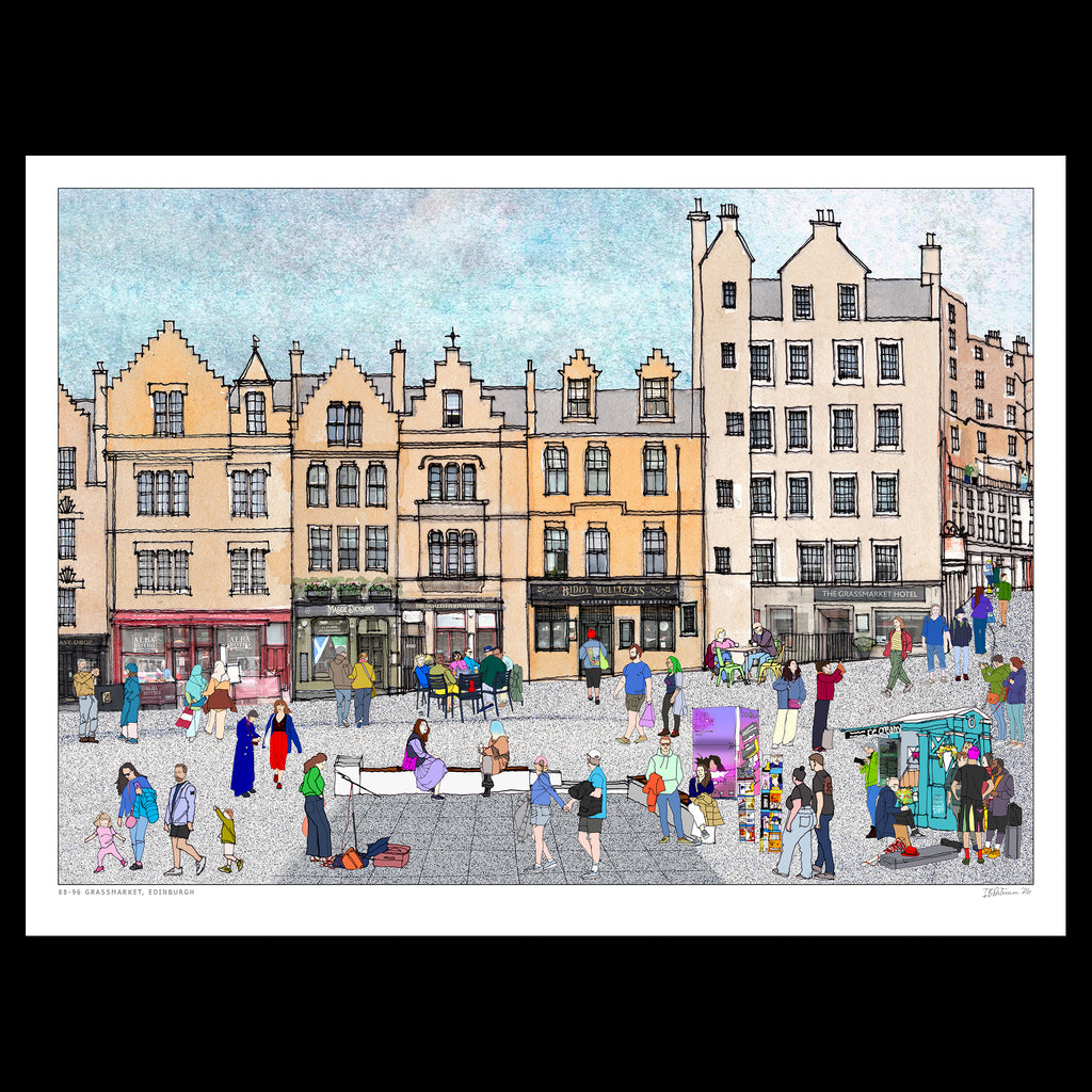 A fine art print depicting Edinburgh Grassmarket with colourful buildings, pedestrians, and festival-goers, shown with a white border against a black background.