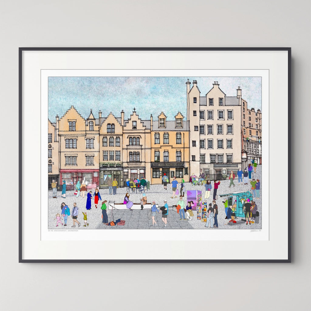 A framed art print depicting Edinburgh Grassmarket with historic yellow and beige buildings, illustrated figures, and a light blue sky, shown against a neutral light grey background.