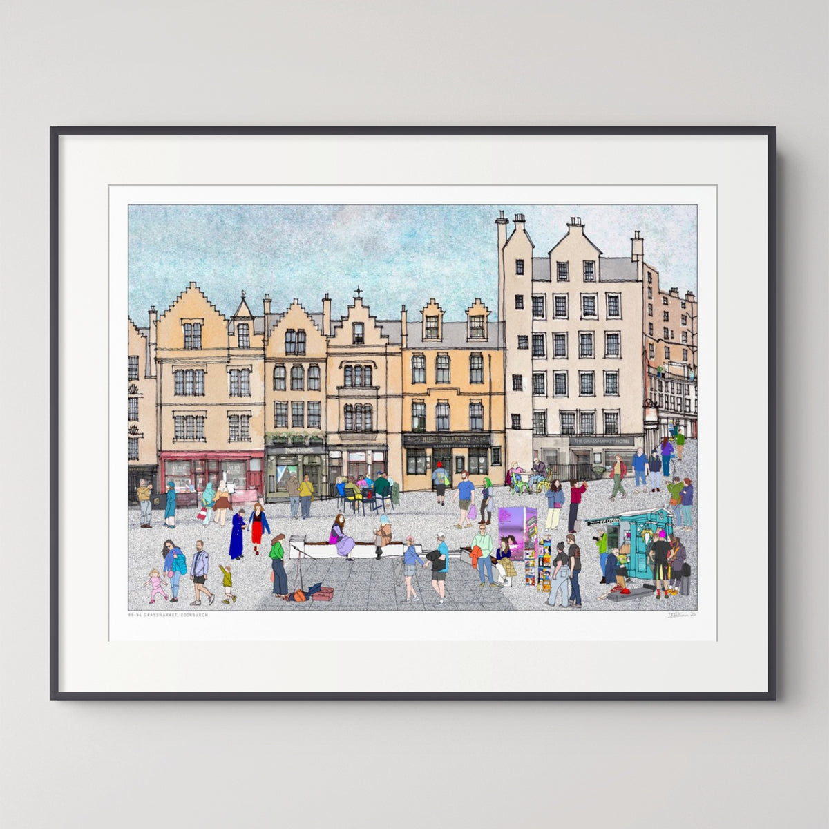 A framed art print depicting Edinburgh Grassmarket with historic yellow and beige buildings, illustrated figures, and a light blue sky, shown against a neutral light grey background.