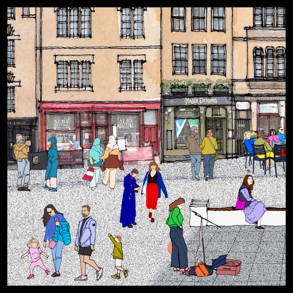 A stylized illustrated street scene showing pedestrians walking and people sitting at outdoor cafe tables in front of tan buildings with storefronts, rendered in a sketchy hand-drawn aesthetic.