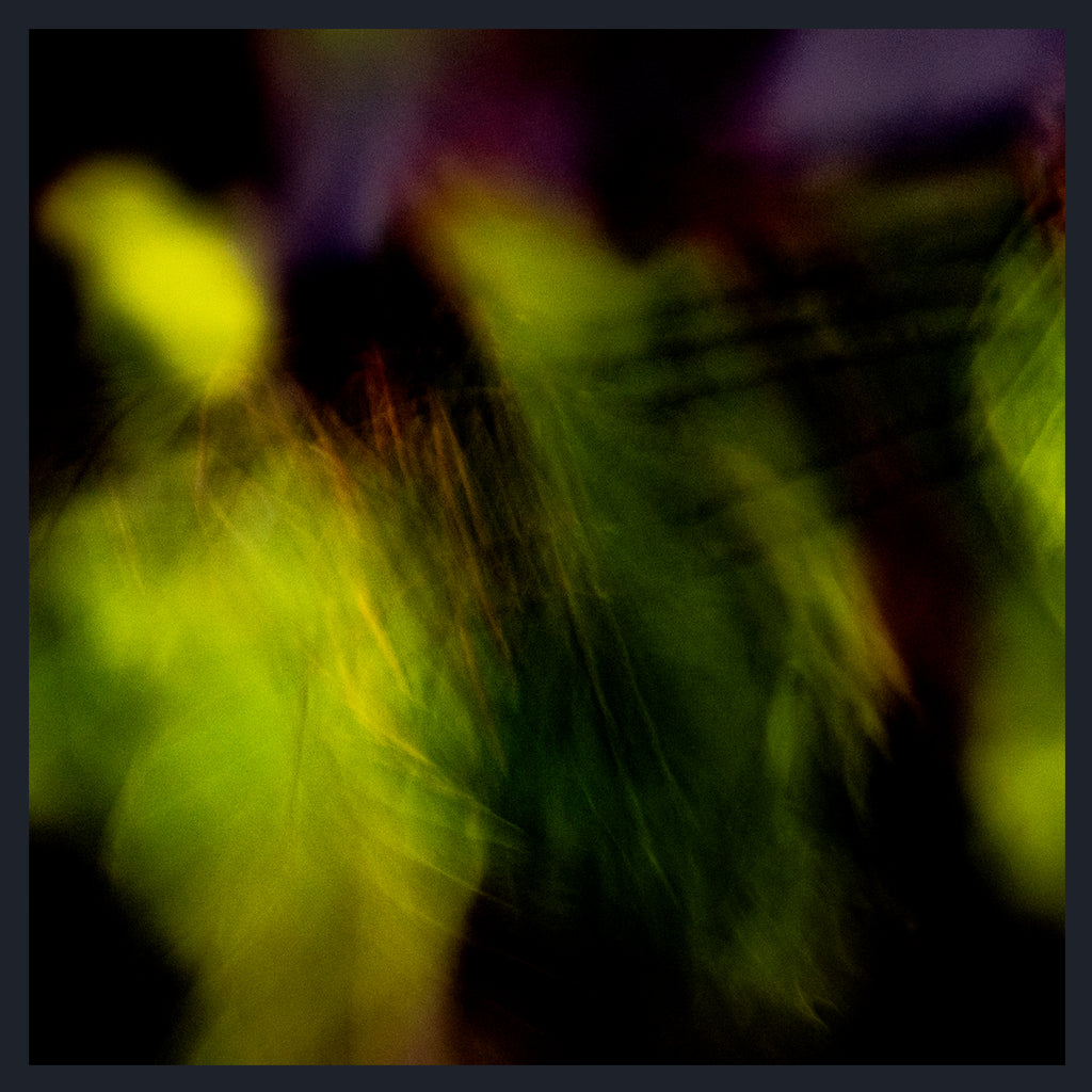 Abstract blurred artwork with bright yellow-green and green light streaks over a dark black background.