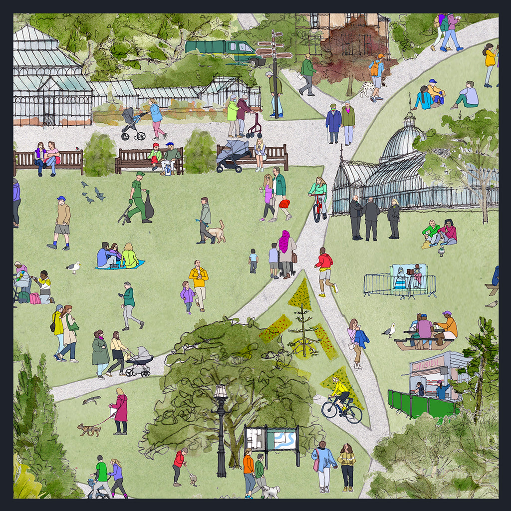 A detailed illustrated scene of a large park filled with people walking, sitting, cycling, and relaxing, with trees, paths, benches, and the glass houses at the Botanic Gardens in Glasgow.