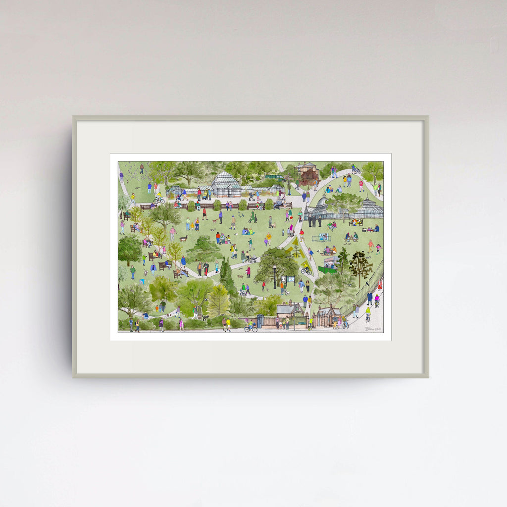 A framed art print depicting a detailed, colourful view of the Botanic Gardens in Glasgow with tiny figures of people, trees, and pathways, shown on a neutral light grey background.