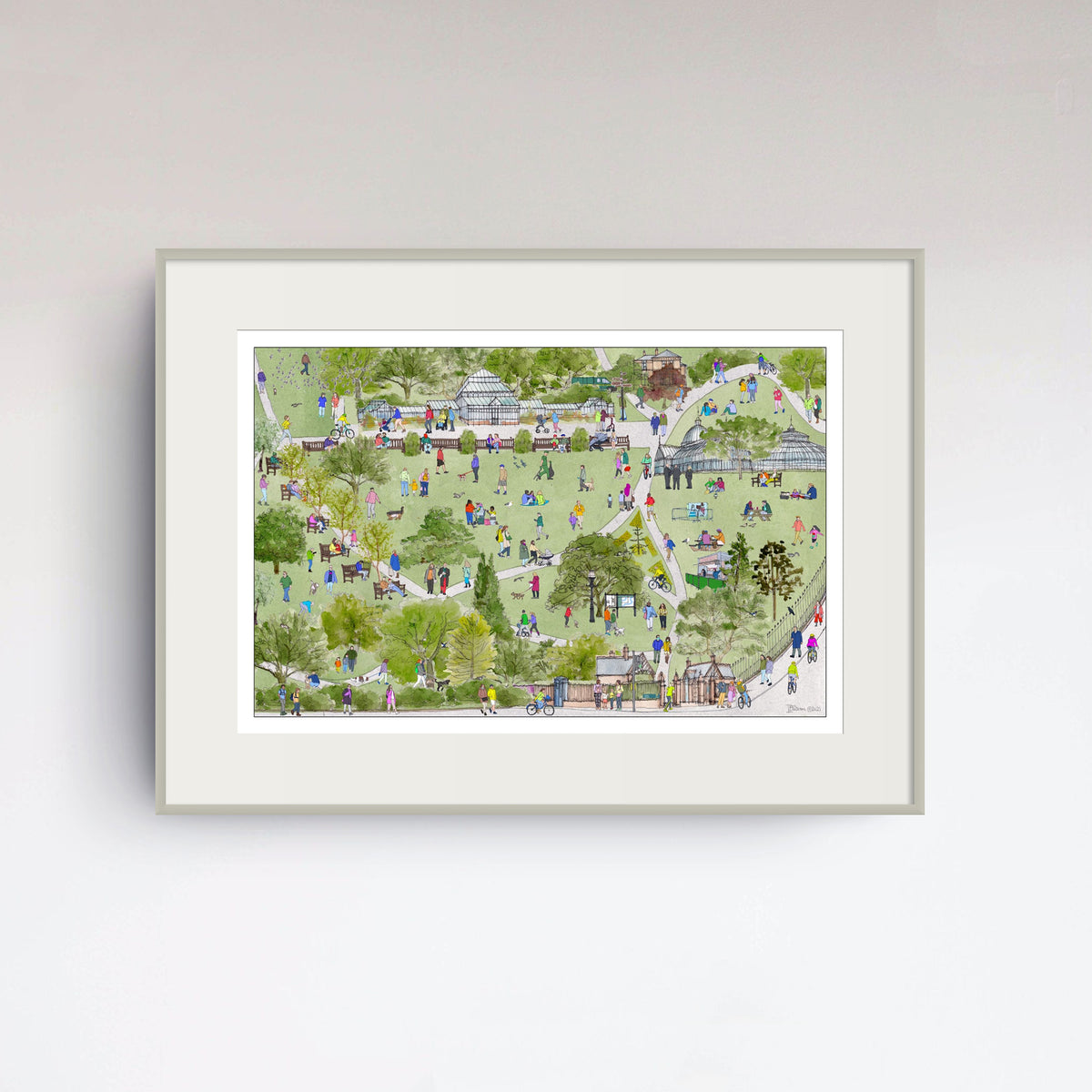 A framed art print depicting a detailed, colourful view of the Botanic Gardens in Glasgow with tiny figures of people, trees, and pathways, shown on a neutral light grey background.