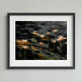 A framed art print featuring a dark, moody photograph of wildflowers with motion-blur effects, presented in a black frame with a white mat against a light gray wall.