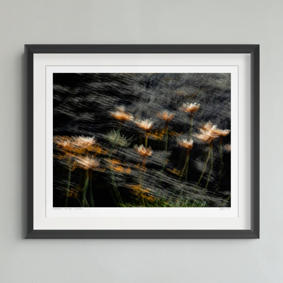 A framed art print featuring a dark, moody photograph of wildflowers with motion-blur effects, presented in a black frame with a white mat against a light gray wall.