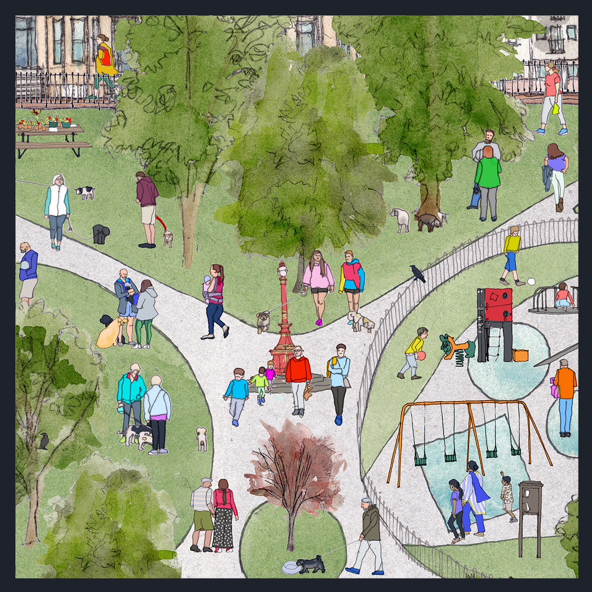Watercolor-style illustrated scene of a park with trees, walking paths, people walking dogs, a playground with swings and climbing equipment, benches, and a fence. This appears to be the artwork itself rather than a photo of a physical product in a room, so Scenery fits best.