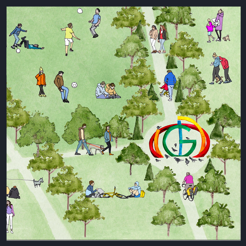 A stylized illustrated park scene with many people walking, playing sports, sitting, and cycling among green trees on pale grass paths. A large colorful circular 'G' logo appears near the lower right center.