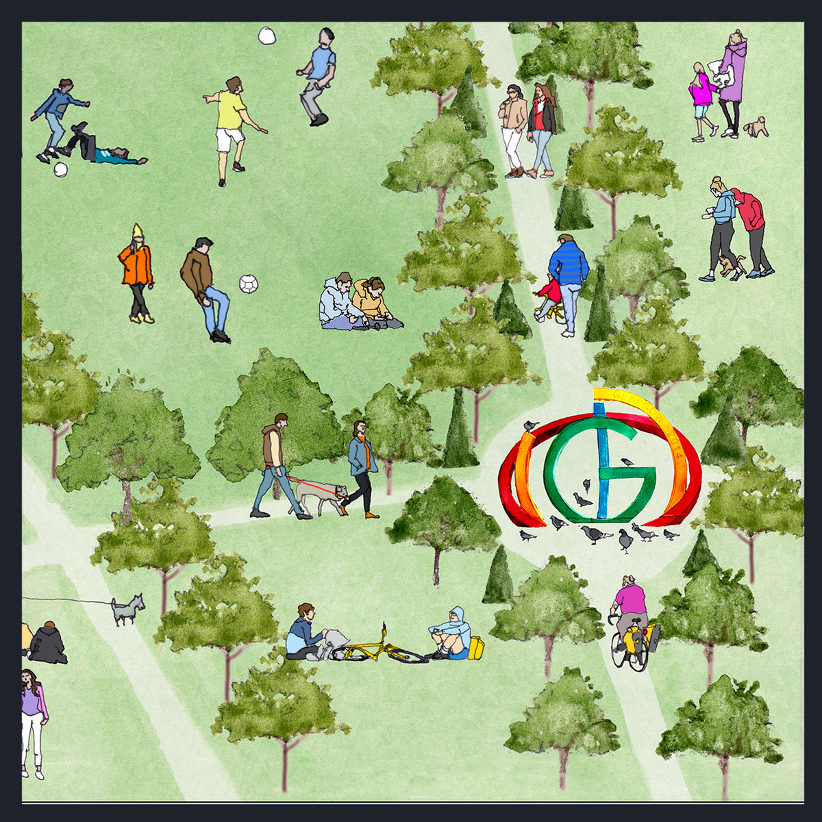 A stylized illustrated park scene with many people walking, playing sports, sitting, and cycling among green trees on pale grass paths. A large colorful circular 'G' logo appears near the lower right center.