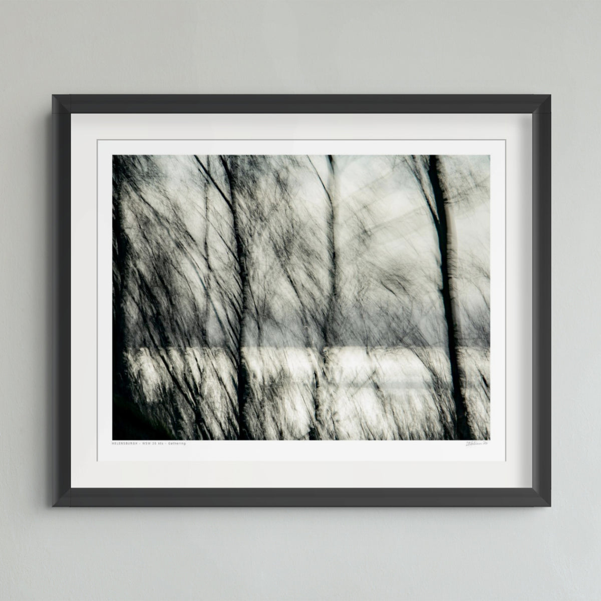 A framed black and white art print depicting blurred tree branches, mounted on a light gray wall.