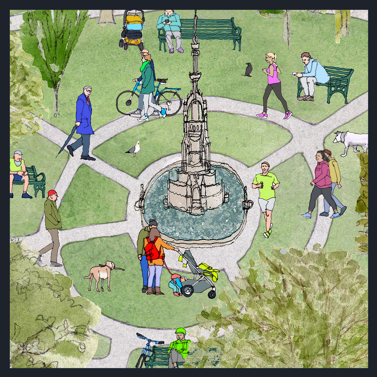 A stylized illustrated scene of a park with a central monument or fountain, surrounded by walking paths, benches, trees, bicycles, strollers, and several people engaging in outdoor activities.