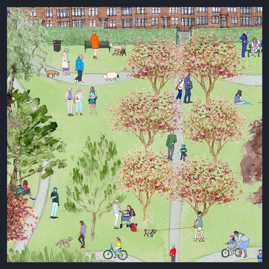 A stylized illustrated scene of a park with blooming pink trees, people walking and cycling, dogs, benches, and a brick apartment building in the background.