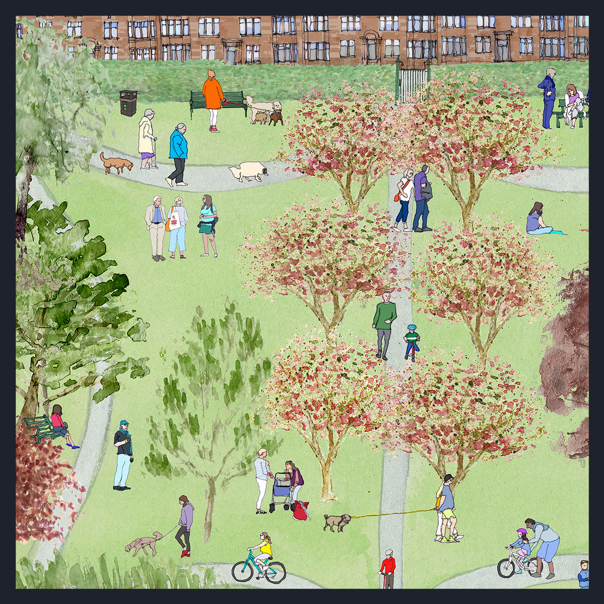 A stylized illustrated scene of a park with blooming pink trees, people walking and cycling, dogs, benches, and a brick apartment building in the background.